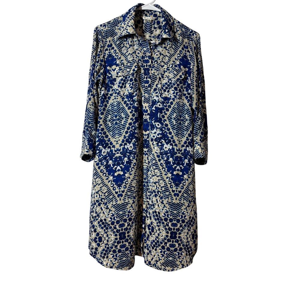 CAbi Blue and Cream Long Sleeve Printed Dress